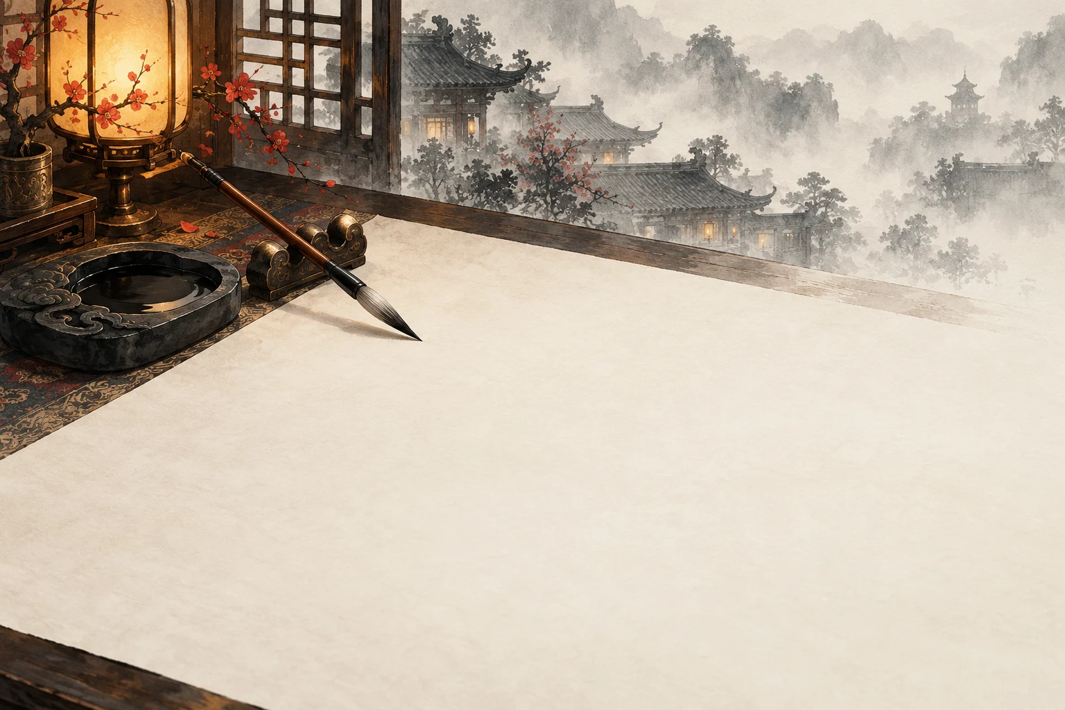 空白宣纸与砚墨，毛笔待落